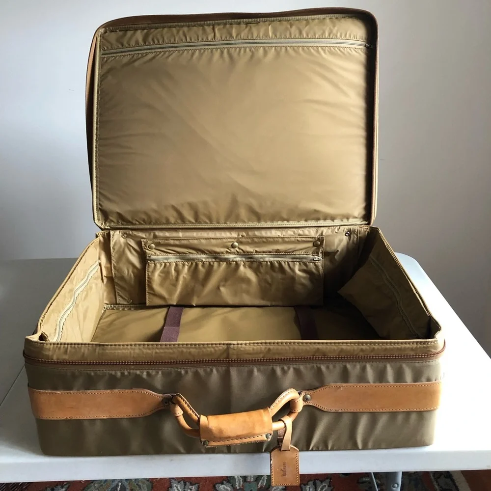 Vintage Hartmann Nylon Suitcase w/Outside Pocket In Olive w/Tan Leather Trim